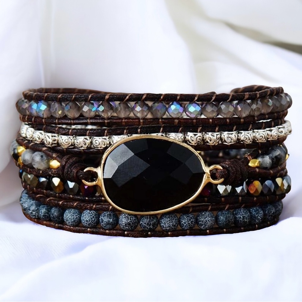 Natural Stone Leather Boho Wrap Bracelet